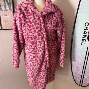 Pink Leopard Print Faux Fur Coat